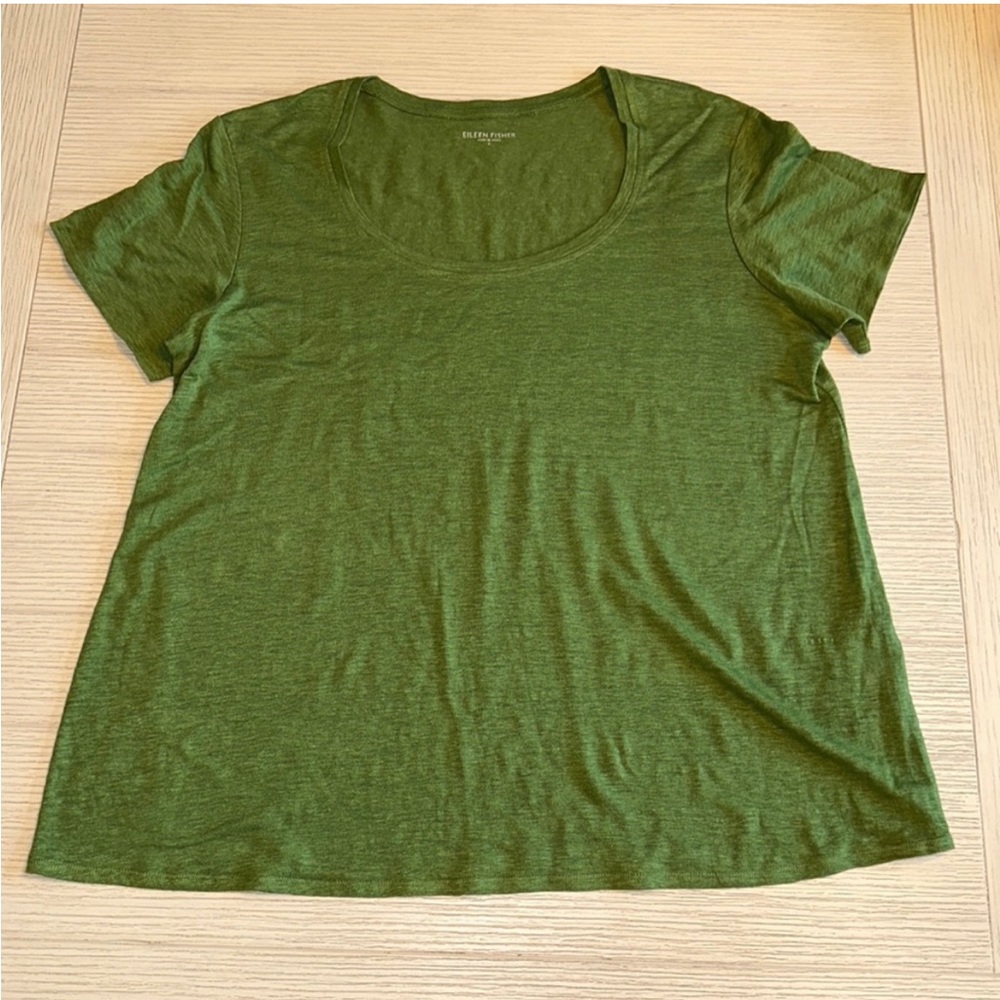 Eileen Fisher Green 100% Linen Short Sleeve Scoop Neck Large